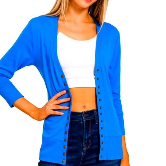 🆕 Womens L Large Bright Blue Cardigan Snap Sweater V-Neck Slim Fit Lightweight - Picture 1 of 4